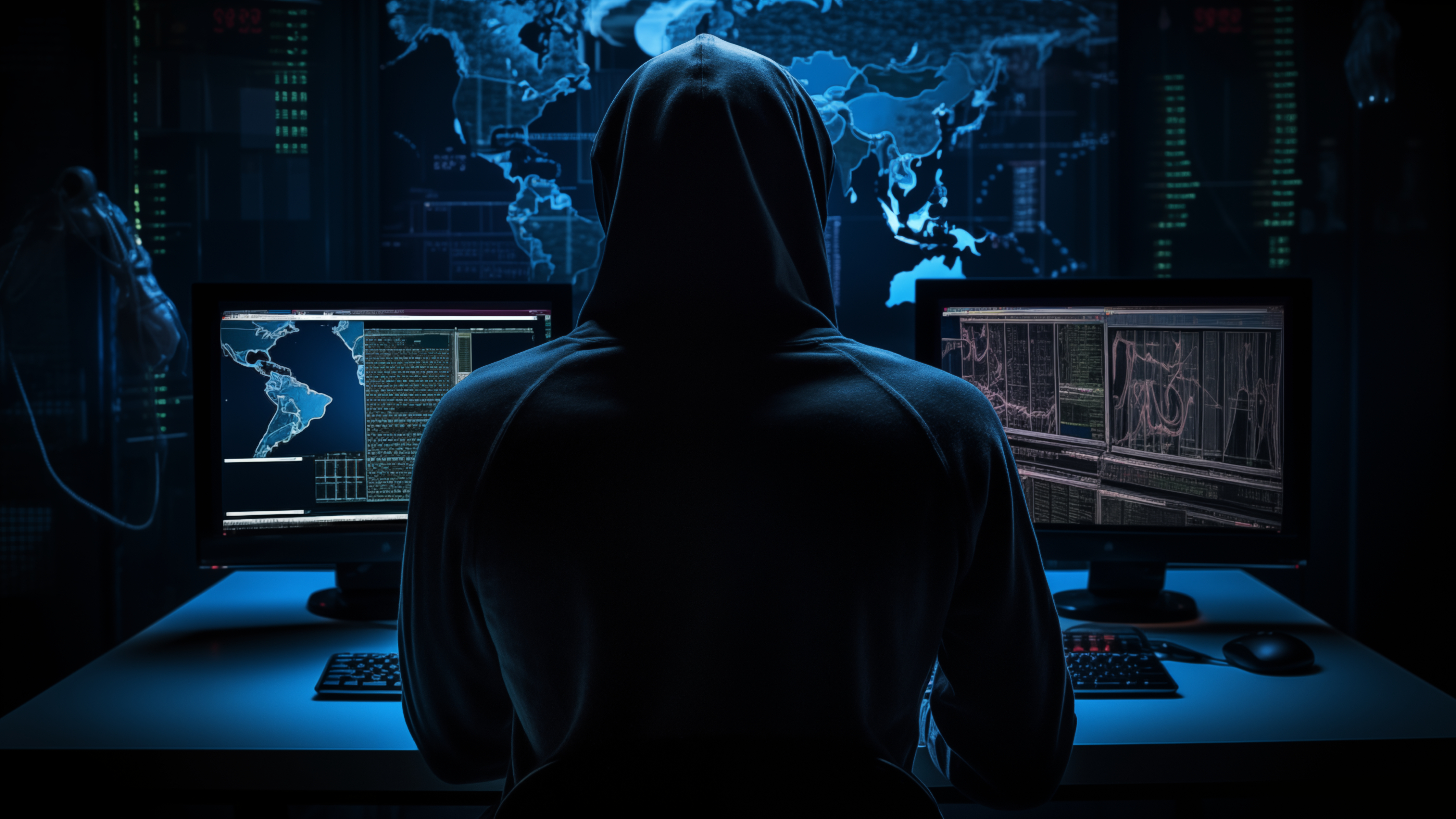 A concept image of a hacker at work in a dark room.