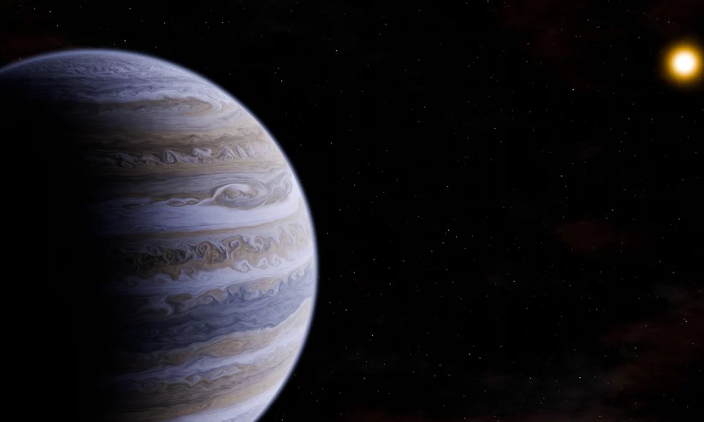 Artist’s impression of a cold gas giant orbiting a red dwarf. Only a point of light is visible on the JWST/MIRI images. Nevertheless, the initial analysis suggests the presence of a gaseous planet that may have properties similar to Jupiter.