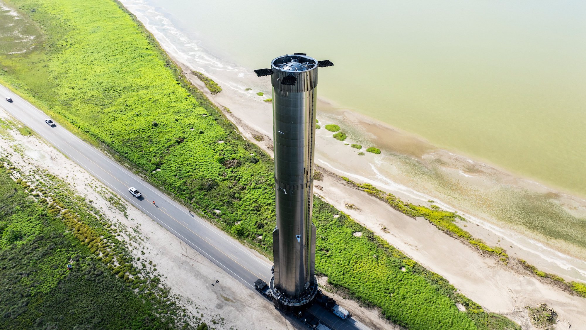 SpaceX's Super Heavy booster on its way to the launchpad.