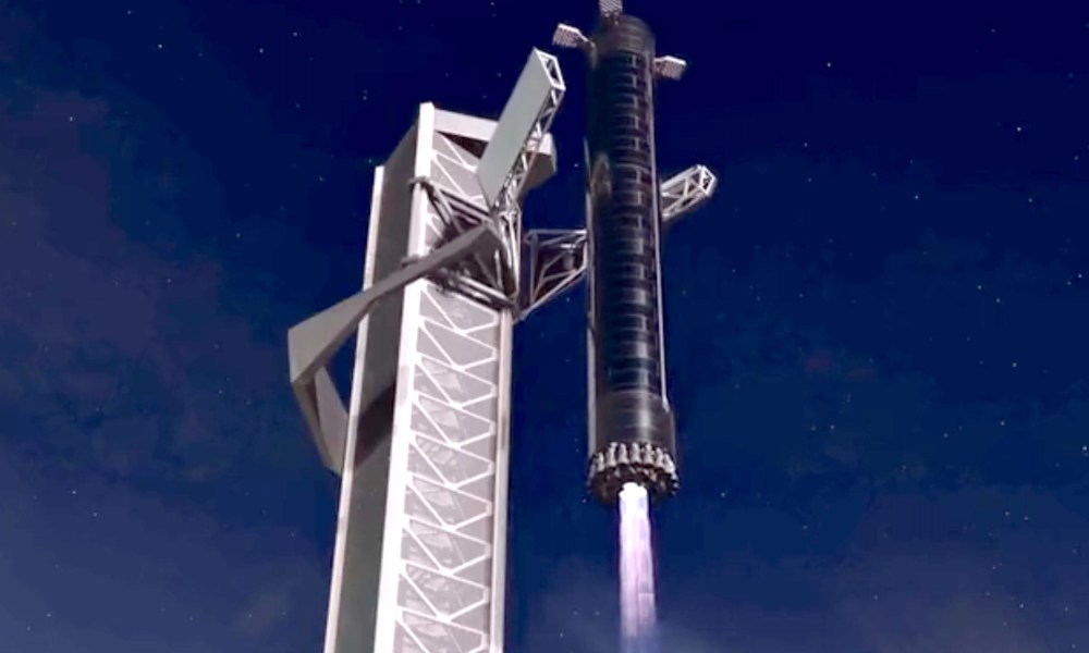 An animation depicting the landing of SpaceX's Super Heavy booster.