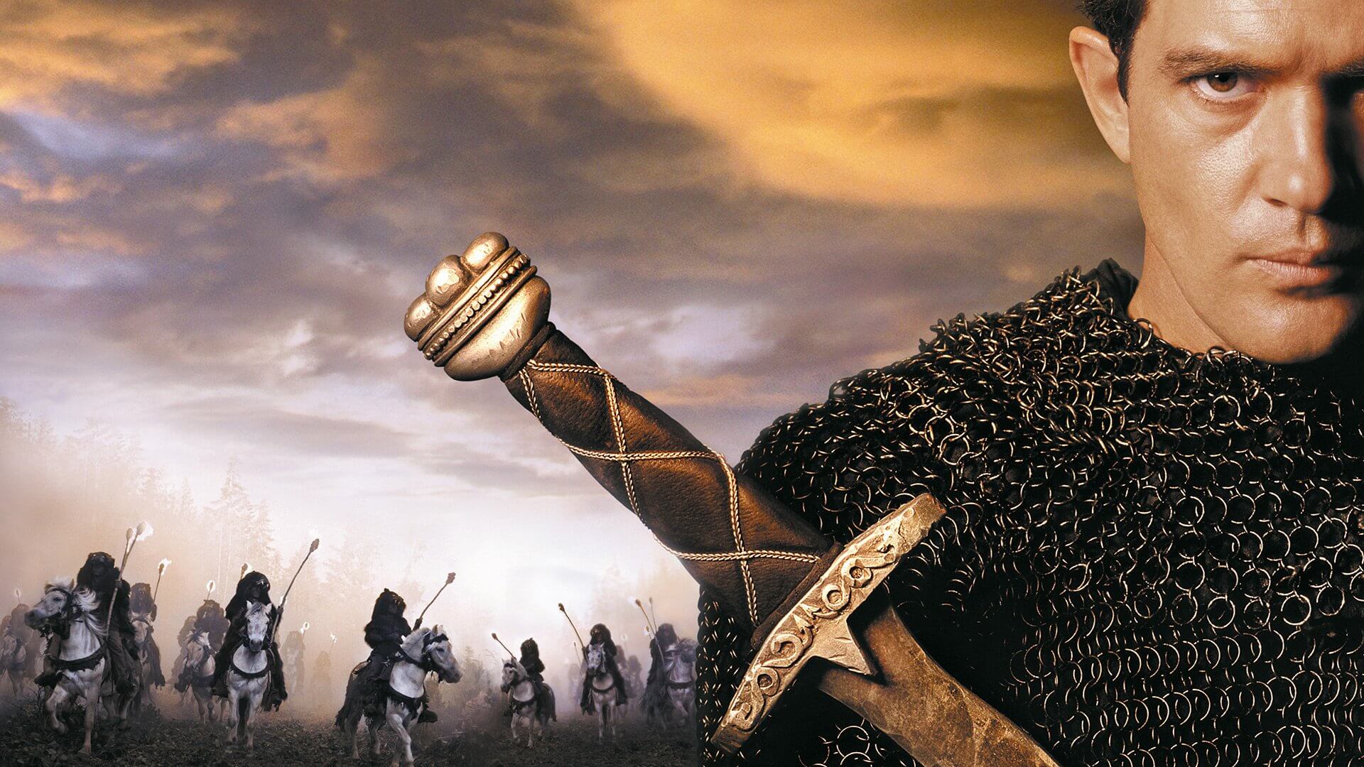 Antonio Banderas with a sword in a promo image for The 13th Warrior.