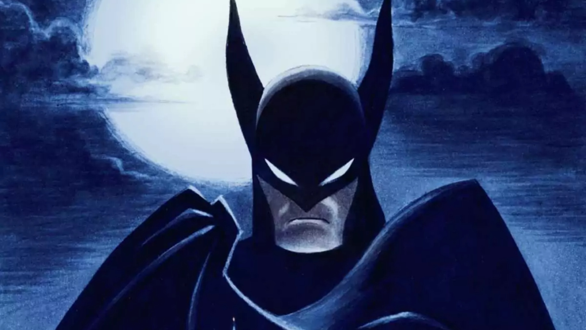 Batman holding his cape against the backdrop of the moon in Caped Crusader key art.