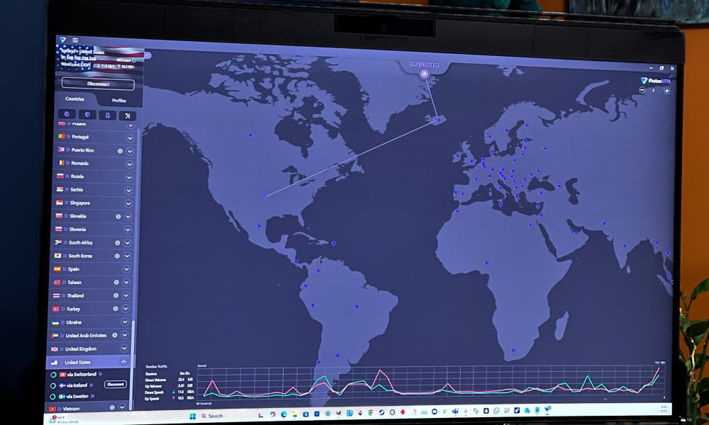 The Proton VPN Plus app on a PC monitor is connected via two servers.