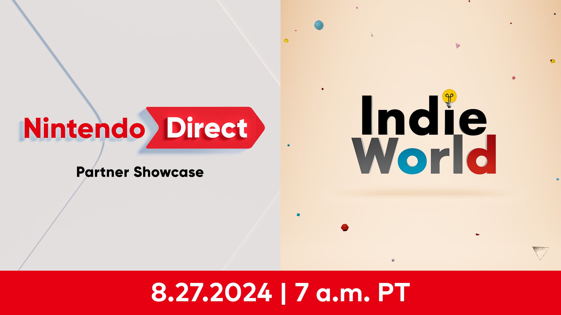 Graphics presenting the Nintendo Direct Partner Showcase on the left and the Indie World Showcase on the right.