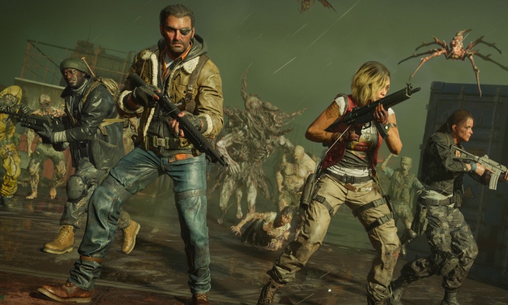 A bunch of characters standing around with guns getting attacked by flying giant bugs in Call of Duty's zombies mode