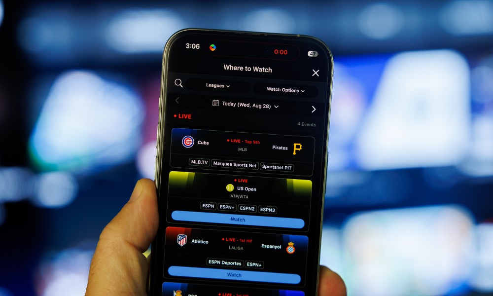 The Where to Watch feature in the ESPN app on an iPhone.