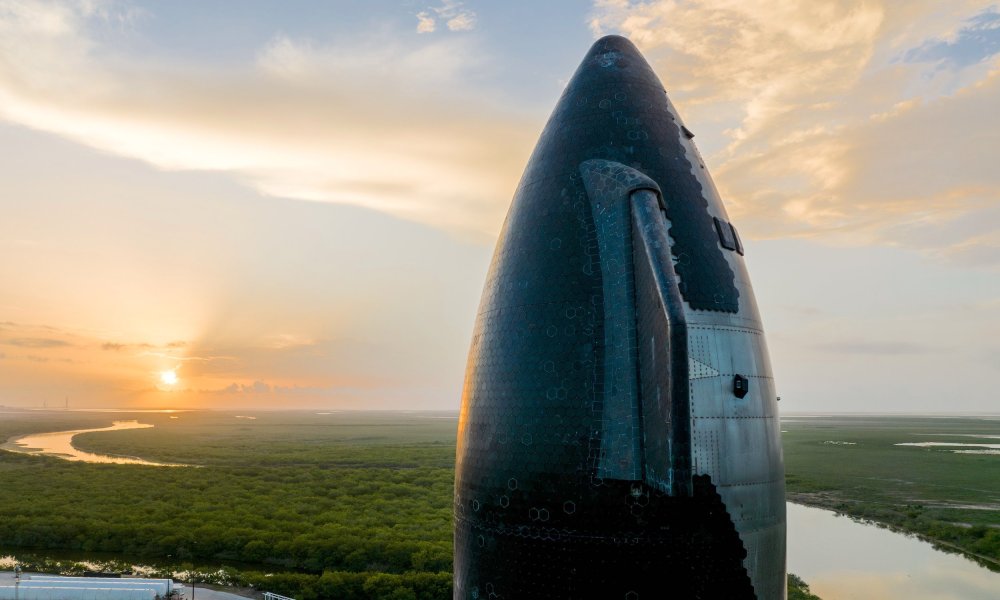 The Starship rocket on the launchpad.