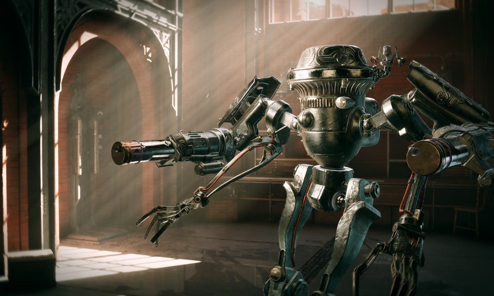 A multi-armed steel robot in what looks like a manor.