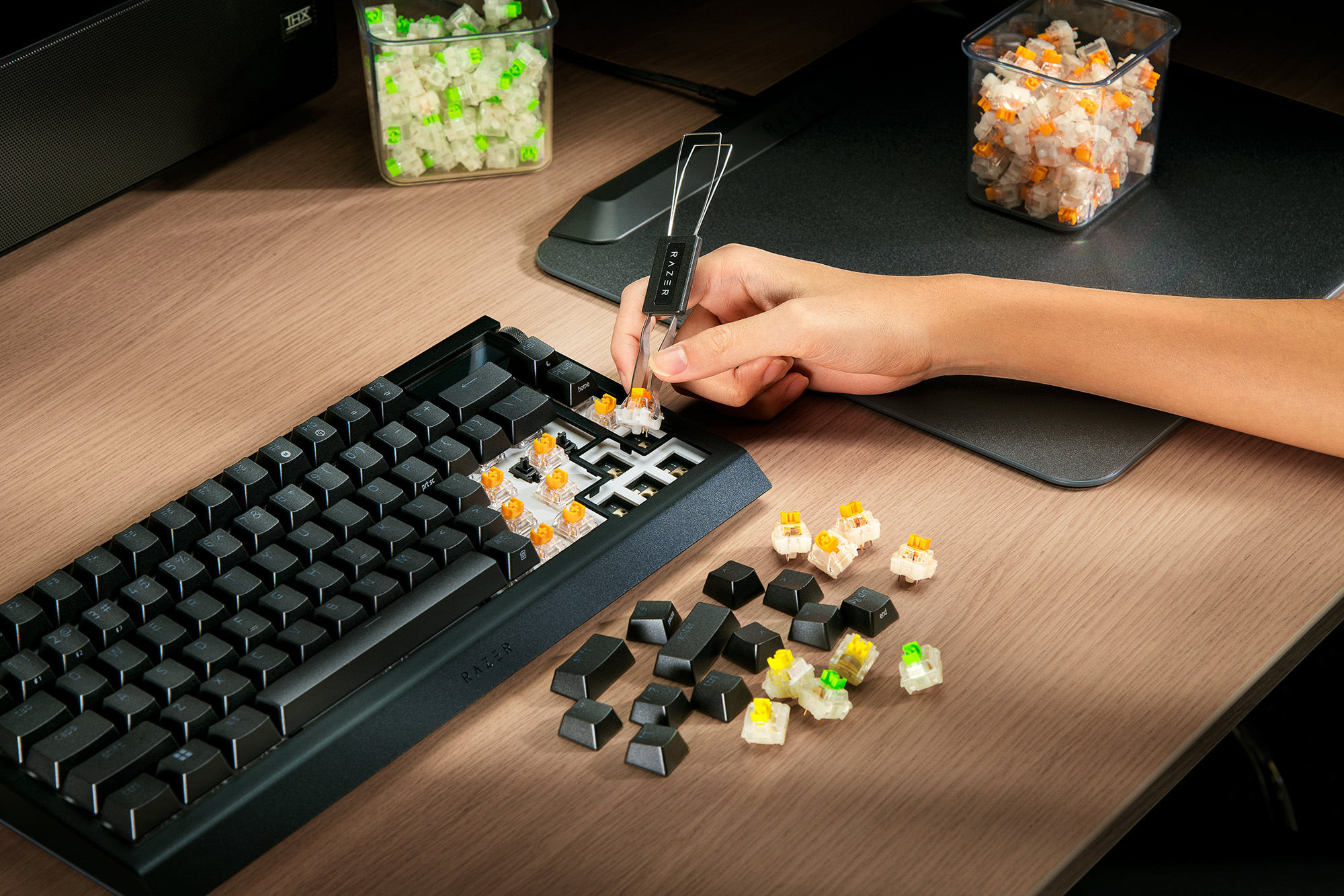 Hot-swappable functionality showcased on the Razer BlackWidow V4 Pro 75% keyboard.