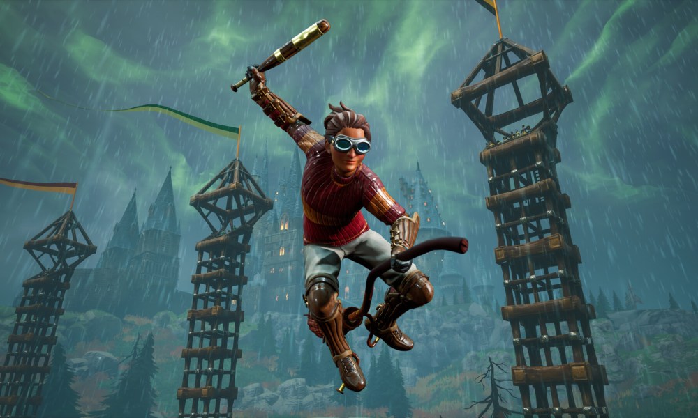 A young wizard rides a broom in Harry Potter Quidditch Champions.