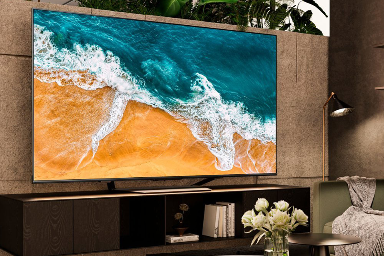 The Hisense 85-inch U7 Mini-LED QLED TV on a TV unit in a living room.