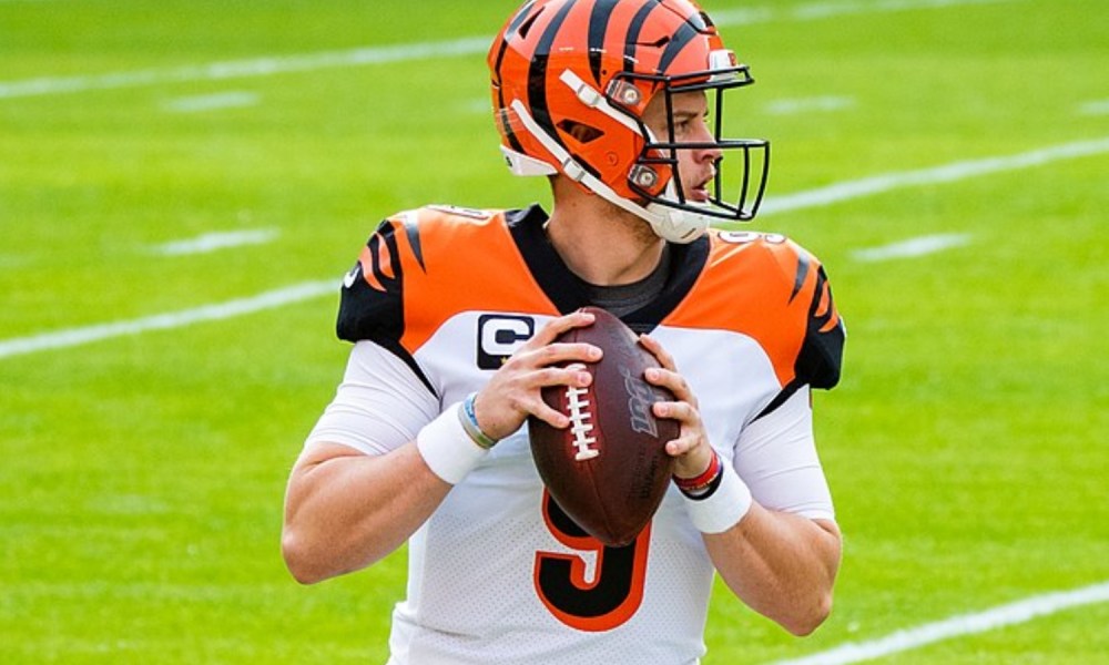 Joe Burrow holds a football and sets up to throw.