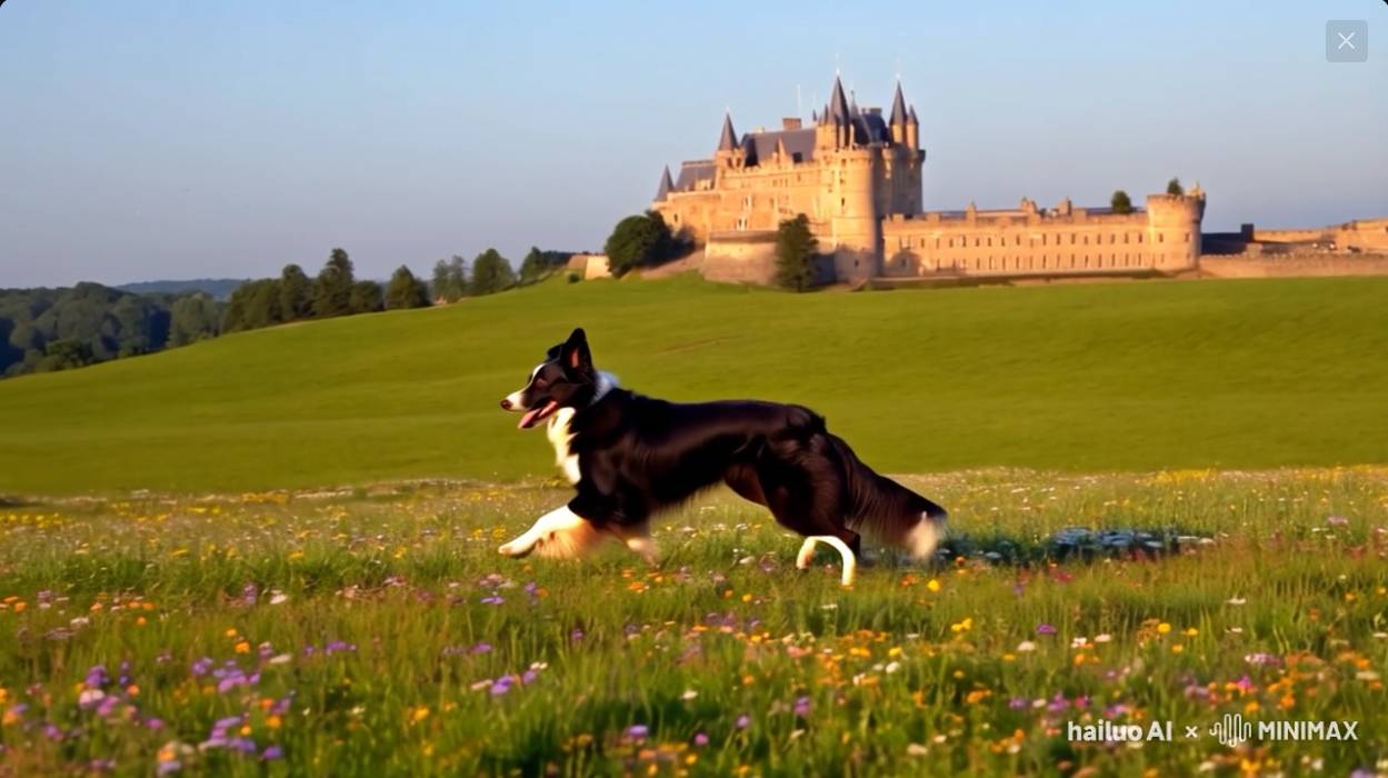 screenshot of a MiniMax AI video of a dog running through a field