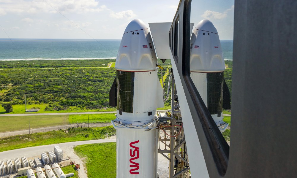 SpaceX’s Falcon 9 rocket, with the Dragon spacecraft atop, is vertical at the launch pad of Space Launch Complex-40 at Cape Canaveral Space Force Station in Florida on Tuesday, Sept. 24, 2024, ahead of NASA’s SpaceX Crew-9 launch to the International Space Station.