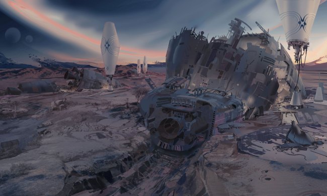 A ship that's crashed on a planet. It's in pieces and there are a copule white structures in the background.