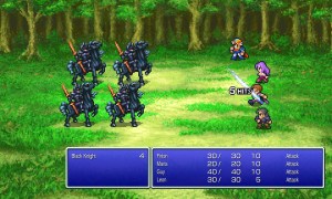 Pixelated heroes on the right up against four black nights on the left. Below is the Final Fantasy turn-based control screen in blue.