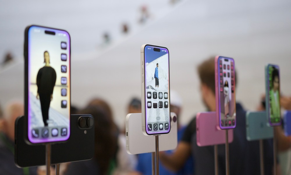 iPhone 16 models on display at Apple Park.