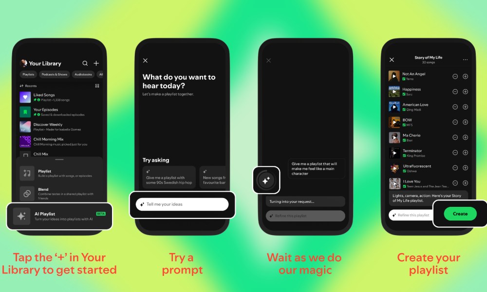 Screen images of the Spotify AI Playlist feature.