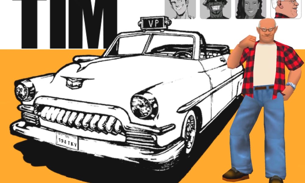 A render of Tim Walz in Crazy Taxi style standing next to a car on a menu screen. Tim is written in big letters on the left.