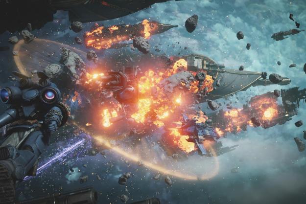 A player glided in low orbit amidst the burning wreckage of spaceships in Warhammer 40,000: Space Marine 2.