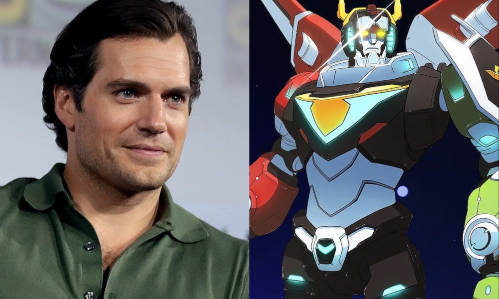 Henry Cavill poses on the left with a picture of Voltron on the right.