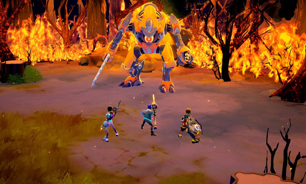 Three players fight a boss in Lynked: Banner of the Spark.