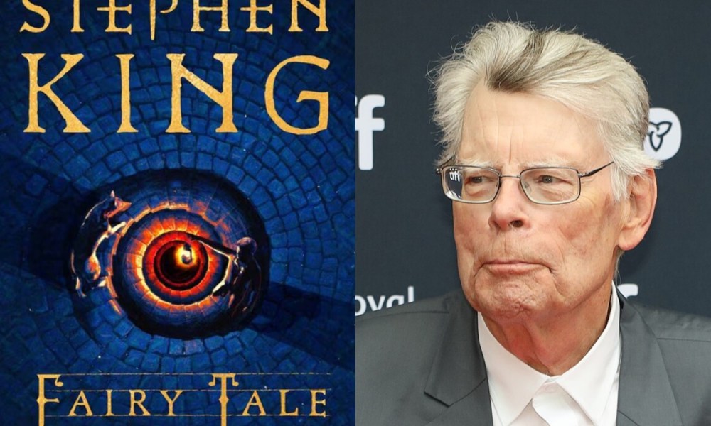 A photo of a book cover on the left and Stephen King staring on the right.