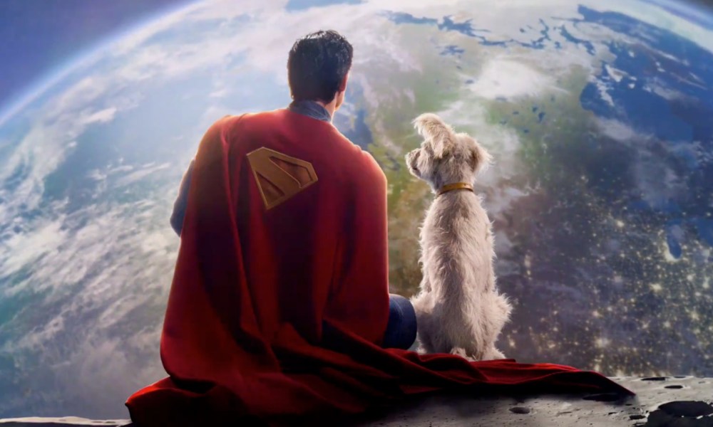 Superman and his dog look at Earth from space.