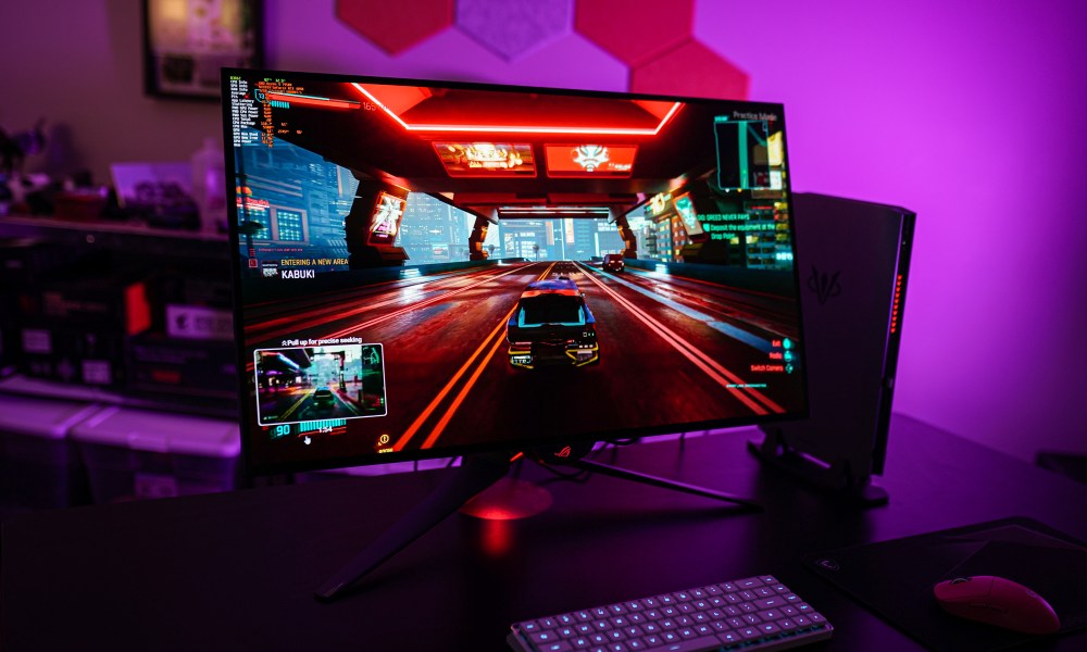 The Asus ROG Swift PG32UCDP playing Cyberpunk 2077.