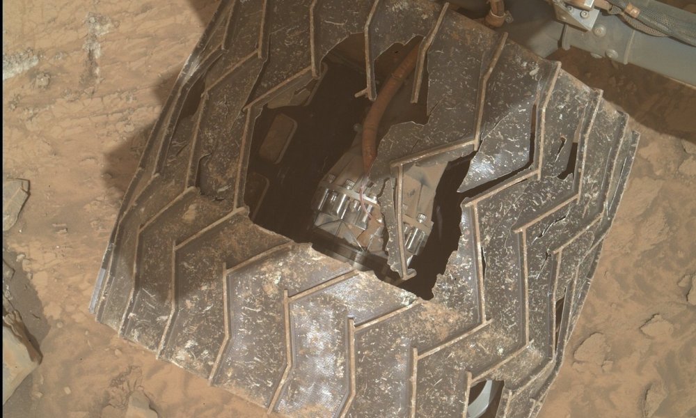 A damaged wheel on NASA's Mars Curiosity rover.