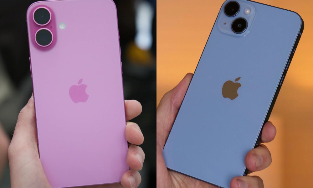 Composite shot of iPhone 16 Plus and iPhone 14 Plus.